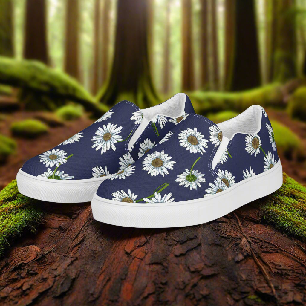 White Daisy Slip-on Canvas Shoes with Floral Design on a Dark Background for Casual Wear