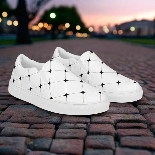 White Diamond Slip-on Canvas Shoes with a stylish geometric pattern for casual wear