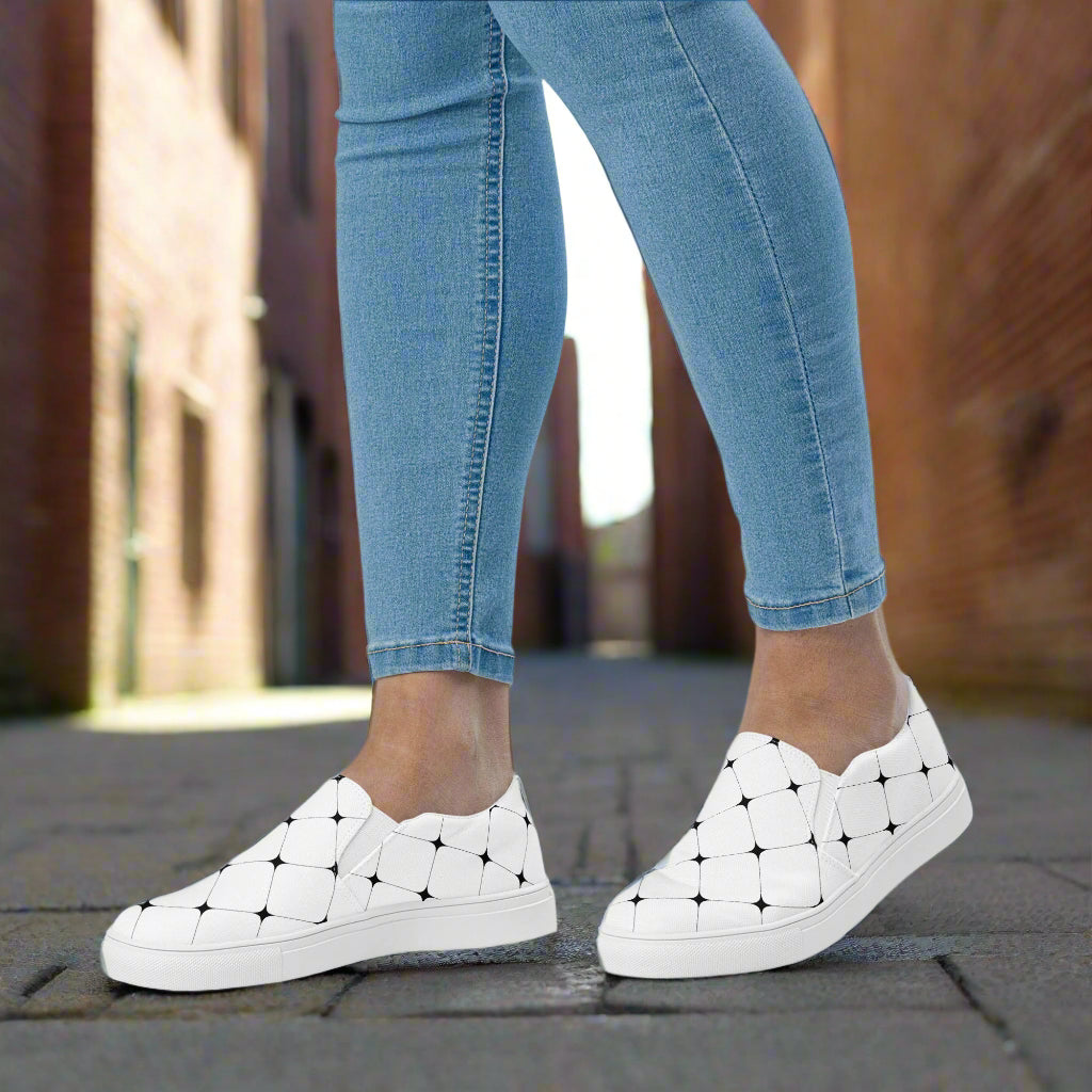 White Diamond Slip-on Canvas Shoes paired with denim for a stylish casual look