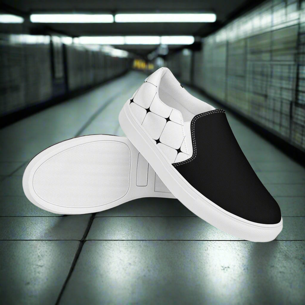 White Diamond Two Tone Slip-on Canvas Shoes with a sleek black and white design for stylish comfort