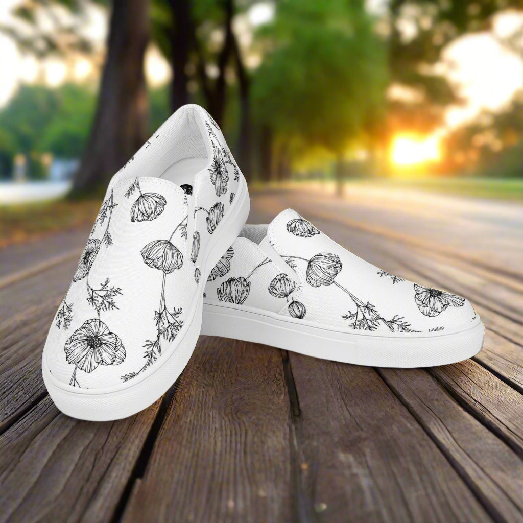 White Poppy Slip-on Canvas Shoes featuring floral designs for stylish comfort and easy wear