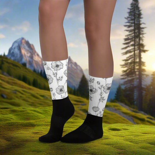 White Poppy Unisex Black Bottom Socks featuring floral design, perfect for casual wear and style.