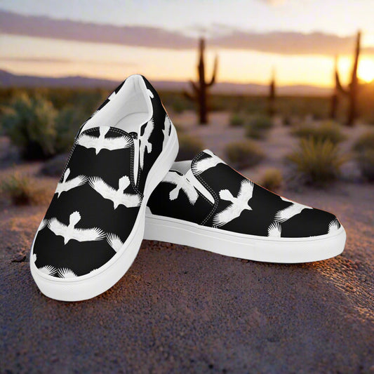 WildSage Market white Ravens slip on canvas shoes with black background and white raven design