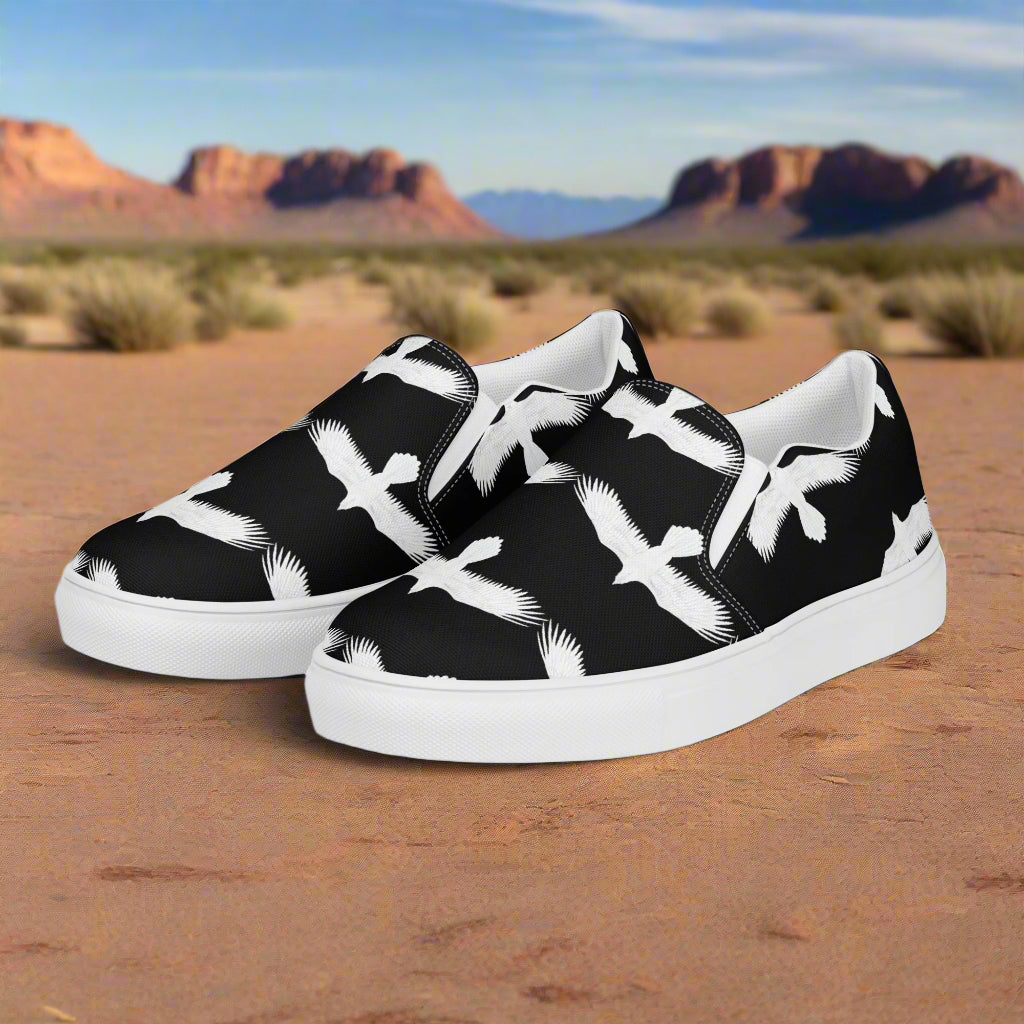 WildSage Market white Ravens slip on canvas shoes with white bird print on black background