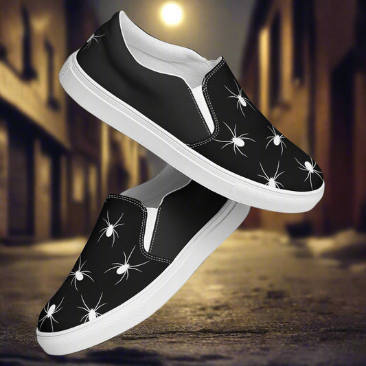 Stylish Black White Spiders Halftone Slip-On Canvas Shoes with a Unique Spider Design