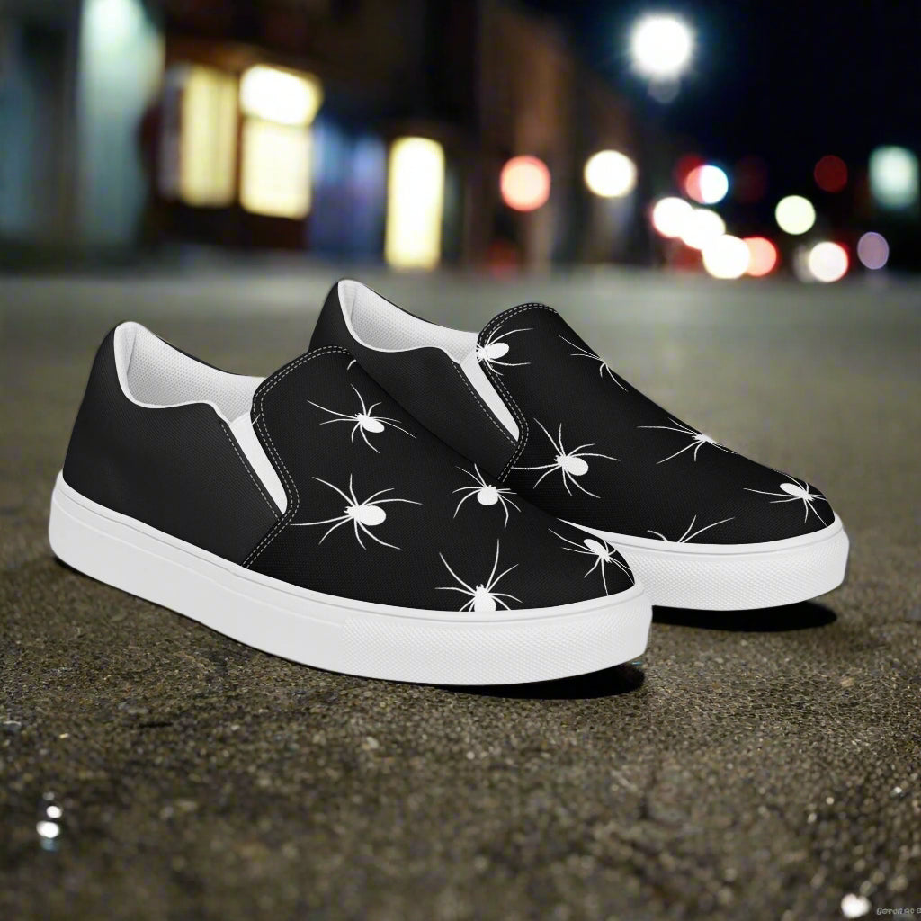 Black and white White Spiders Halftone Slip-On Canvas Shoes with spider design for stylish footwear