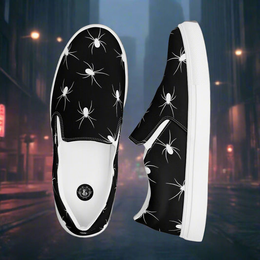 Stylish White Spiders Slip-On Canvas Shoes with Black Background for Trendy Footwear