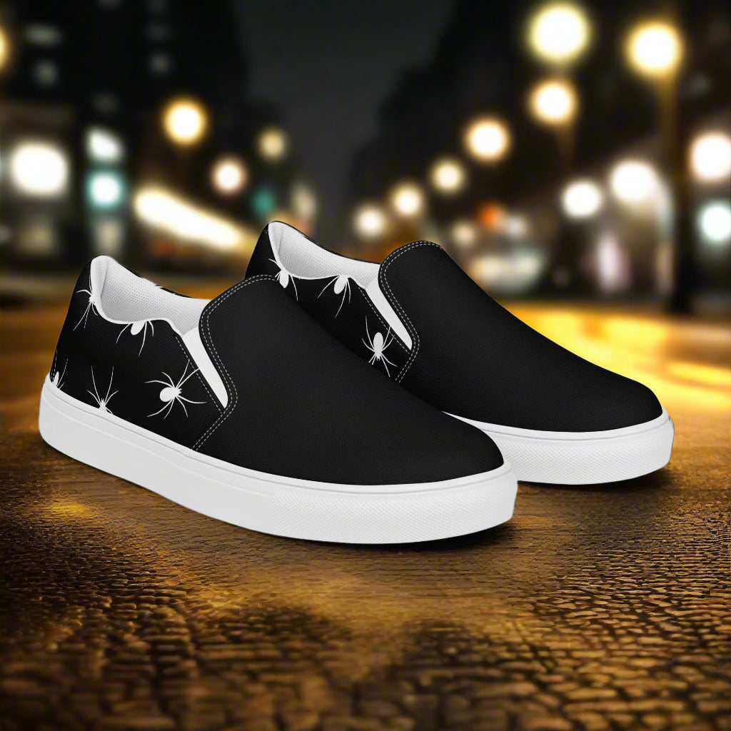 White Spiders Two Tone Slip-On Canvas Shoes featuring a sleek design with spider pattern for stylish comfort