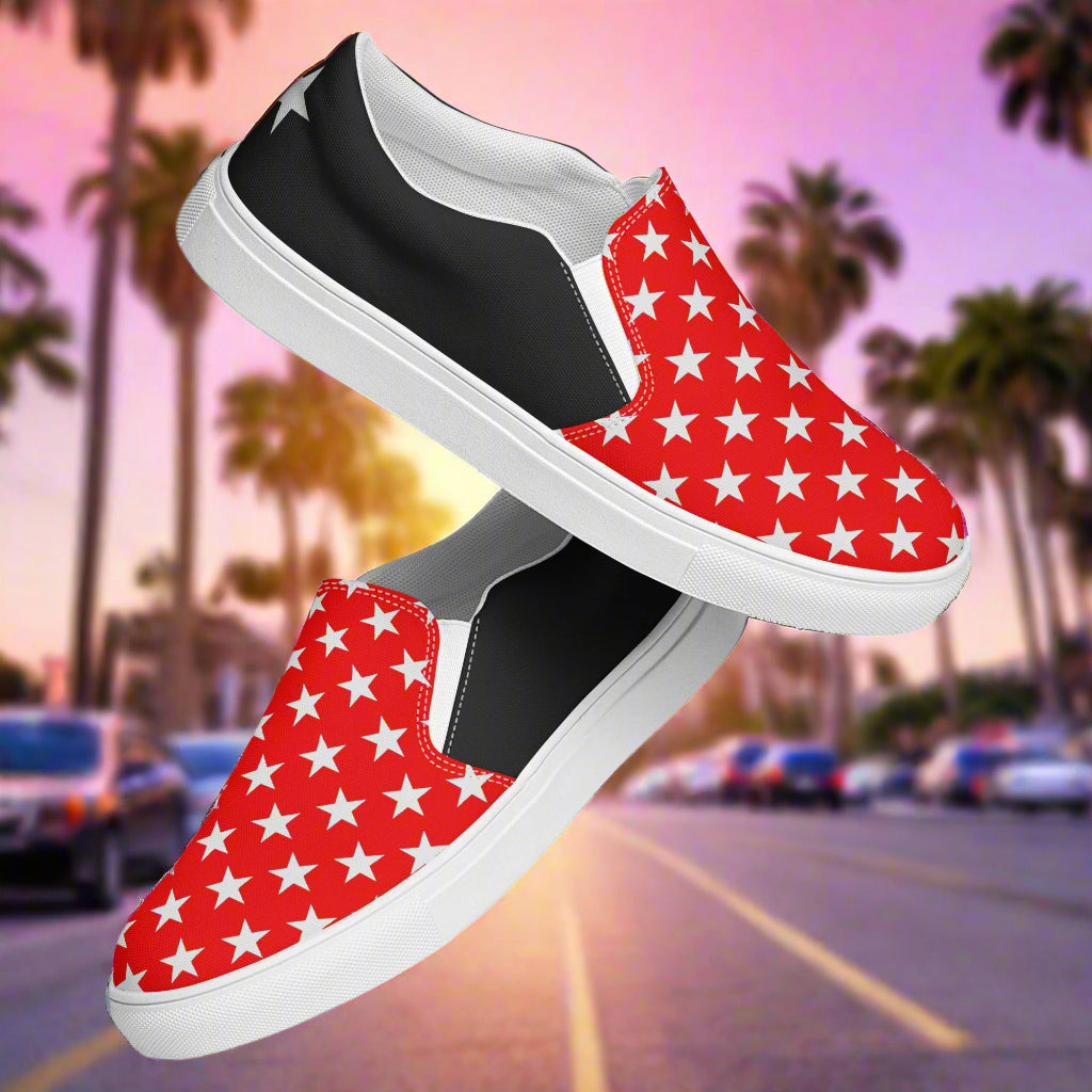 WildSage Market White Star Red Halftone Slip-On Canvas Shoes with white stars on red front and black heel