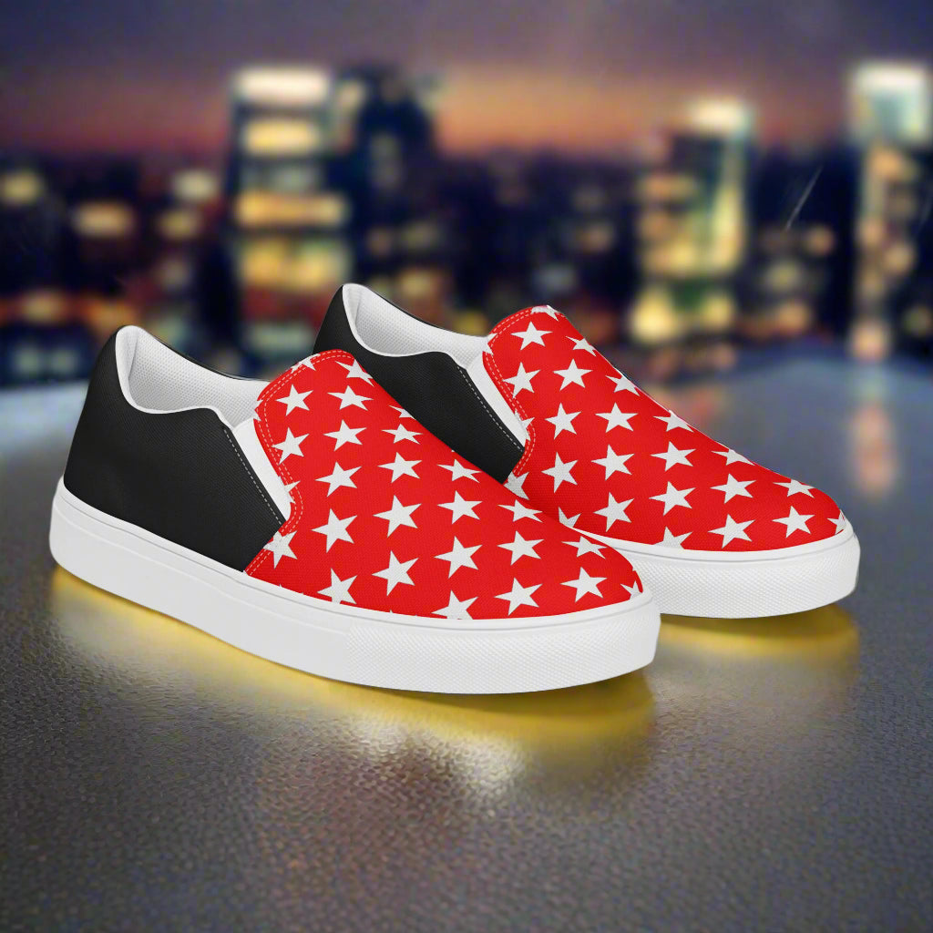 White Star Red Halftone Slip-On Canvas Shoes by WildSage Market with black heel and white sole