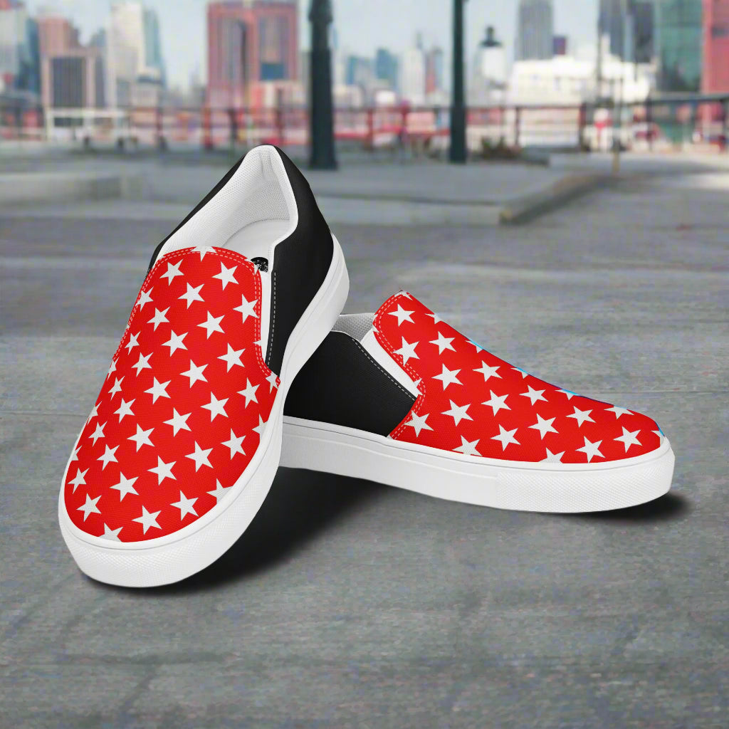 White Star Red Halftone Slip-On Canvas Shoes with white stars on red background and black heel panels