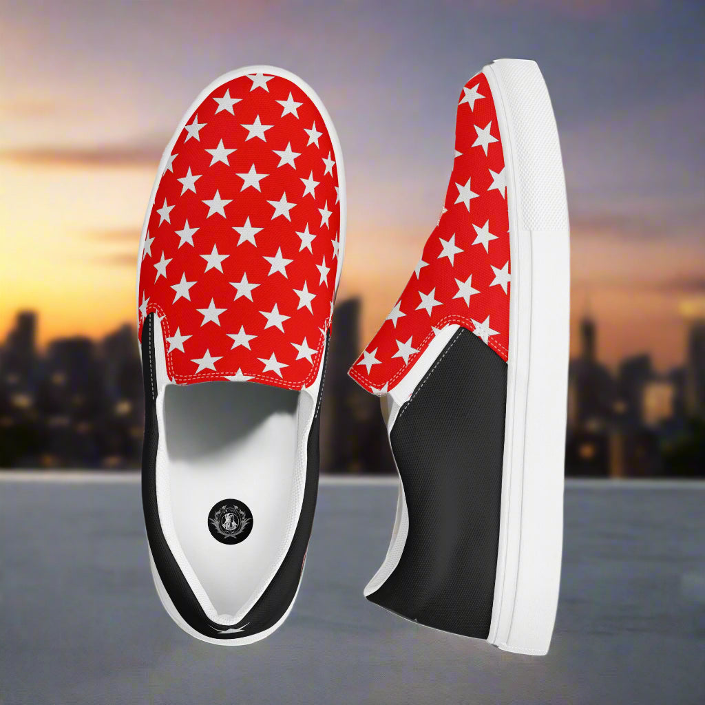 White Star Red Halftone Slip-On Canvas Shoes by WildSage Market with comfortable elastic sides