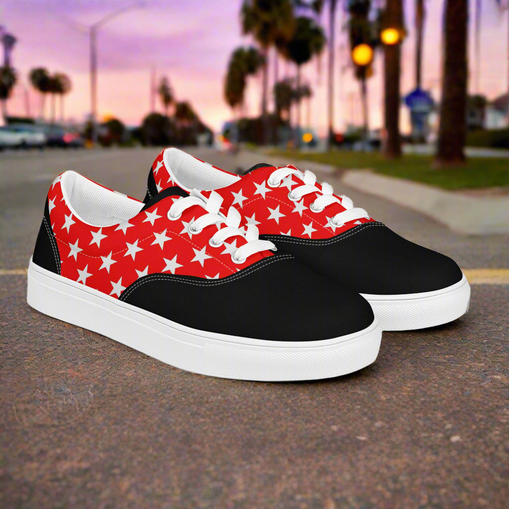White Star Red Two Tone Lace up Canvas Shoes by WildSage Market with white stars on red upper and black toe cap