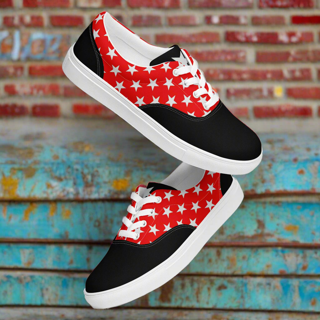 White Star Red Two Tone Lace up Canvas Shoes by WildSage Market with white laces and rubber sole