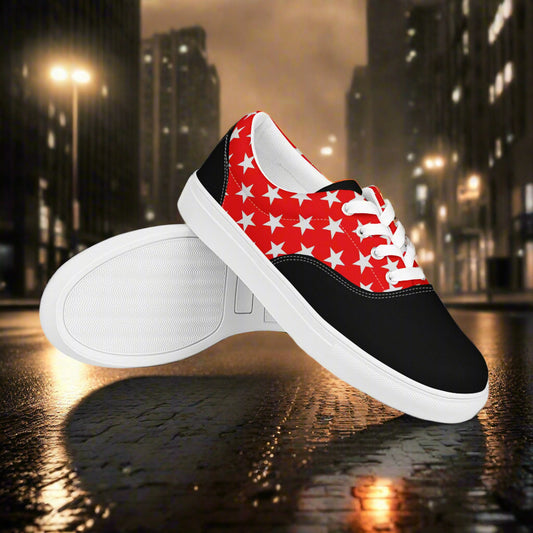 White Star Red Two Tone Lace up Canvas Shoes by WildSage Market with white stars and black toe caps