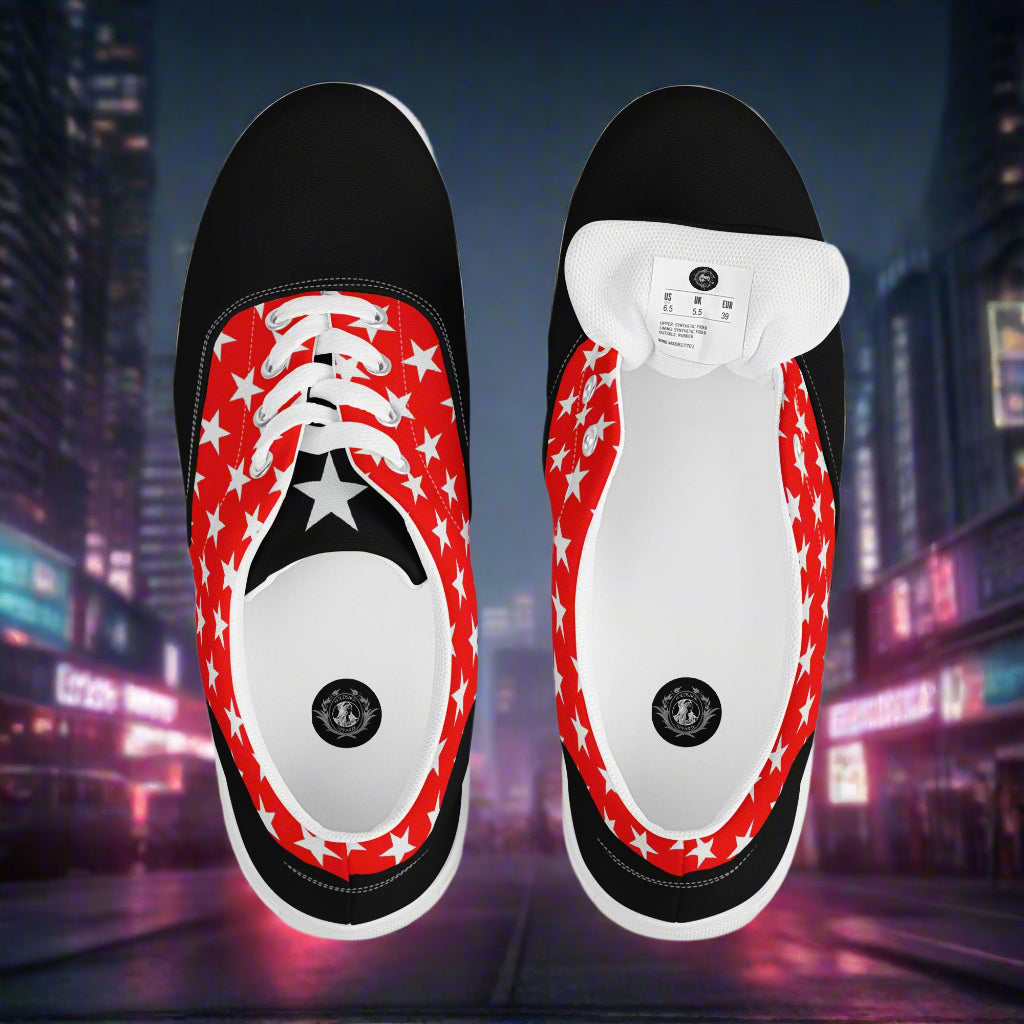 WildSage Market White Star Red Two Tone Lace up Canvas Shoes with white stars and black toe cap