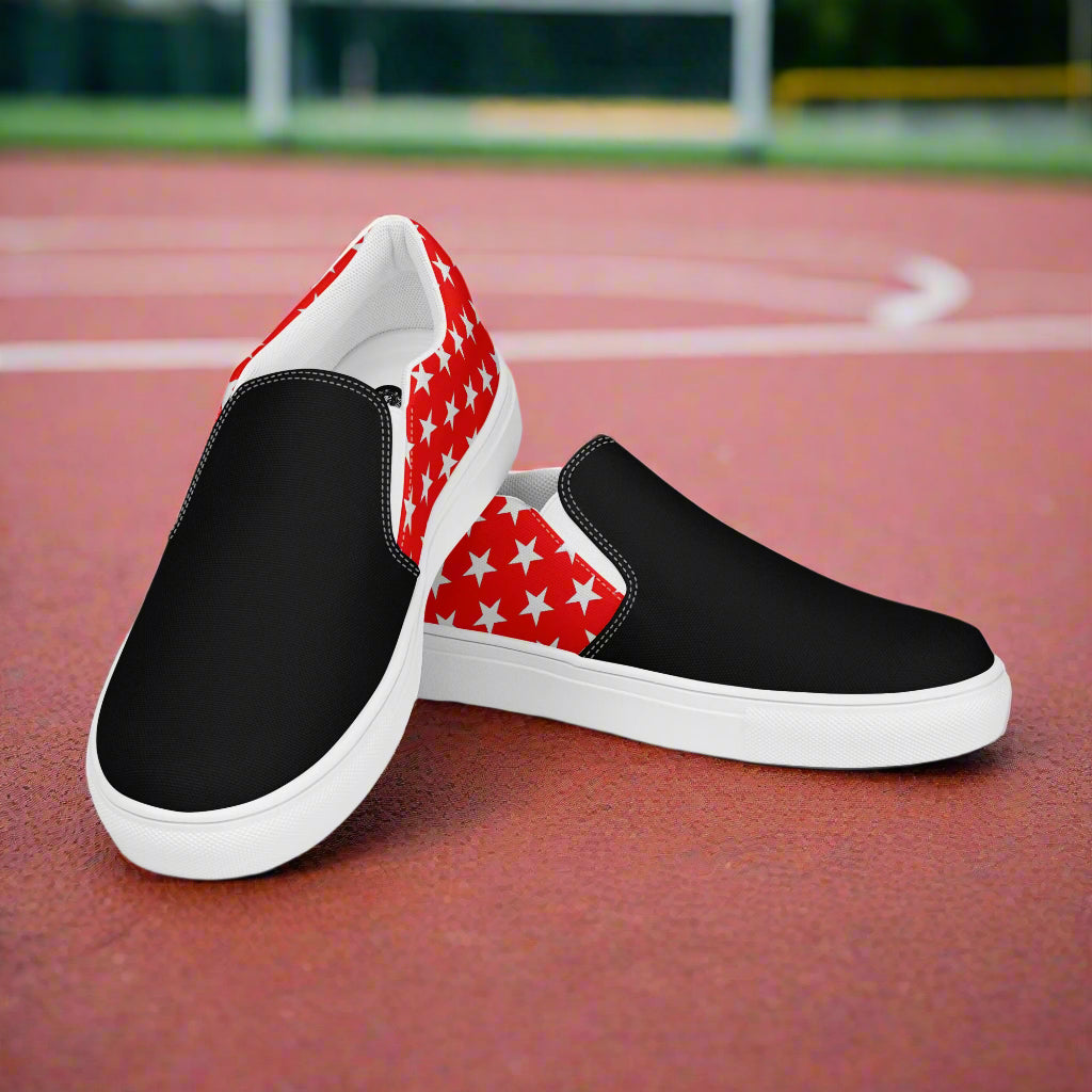 White Star Red Two Tone Slip-On Canvas Shoes by WildSage Market with black front and red star pattern back