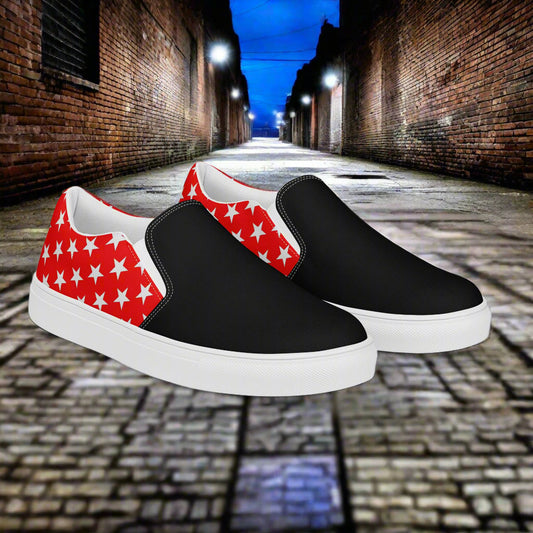 WildSage Market White Star Red Two Tone Slip-On Canvas Shoes with black front and white star red pattern back