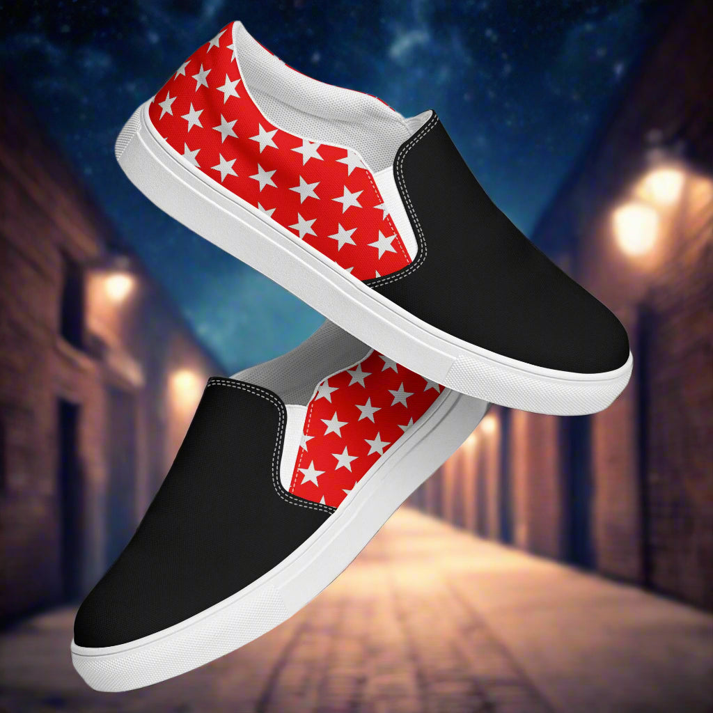 White Star Red Two Tone Slip-On Canvas Shoes by WildSage Market with black front and star pattern back