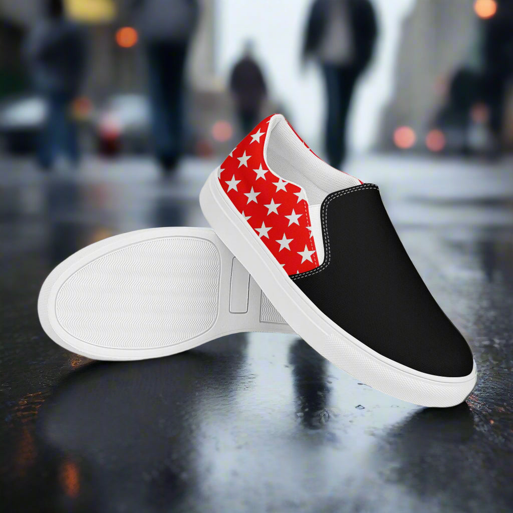 White Star Red Two Tone Slip-On Canvas Shoes with black front and red star patterned back by WildSage Market