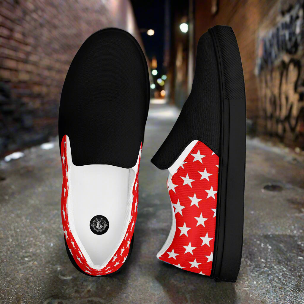 WildSage Market White Star Red Two Tone Slip-On Canvas Shoes with black toe and red star pattern