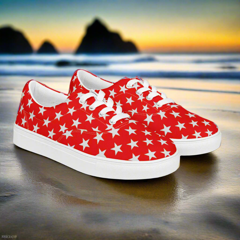 White Star Red Womens Lace up Shoes by WildSage Market with white laces and star pattern on red canvas