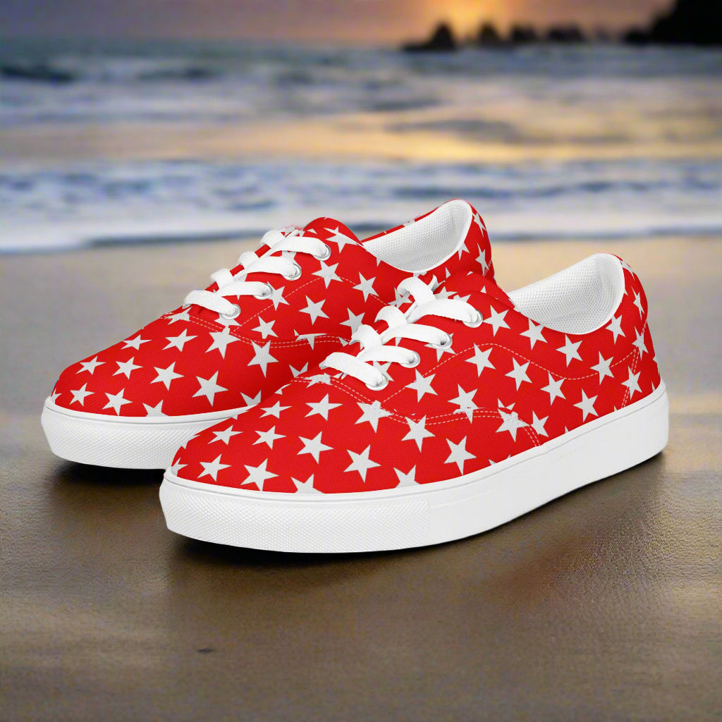 White Star Red Womens Lace up Shoes by WildSage Market with red canvas and white star pattern