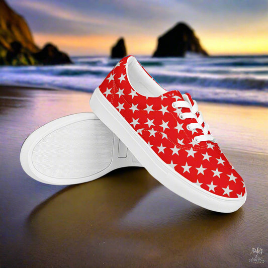 WildSage Market White Star Red Womens Lace up Shoes with red canvas and white star pattern on beach background