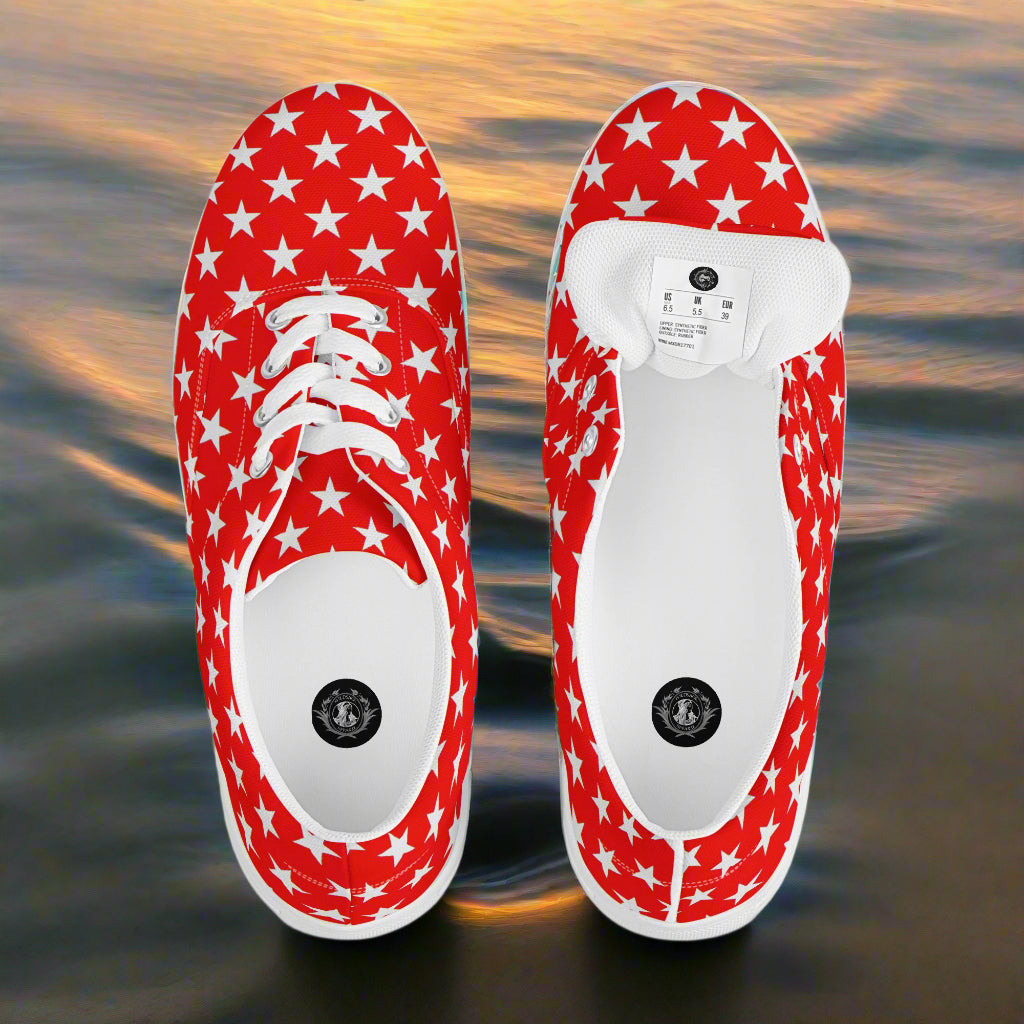 White Star Red Womens Lace up Shoes by WildSage Market with white laces and star patterns