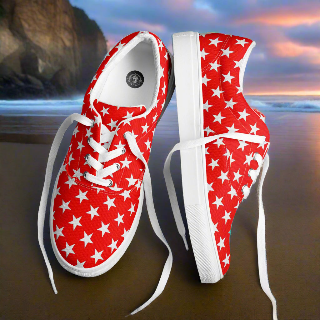 White Star Red Womens Lace up Shoes by WildSage Market with white stars on red canvas and white laces
