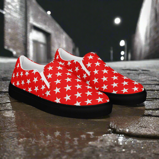 White Star Red Womens Slip On Canvas Shoes by WildSage Market with black soles on urban street
