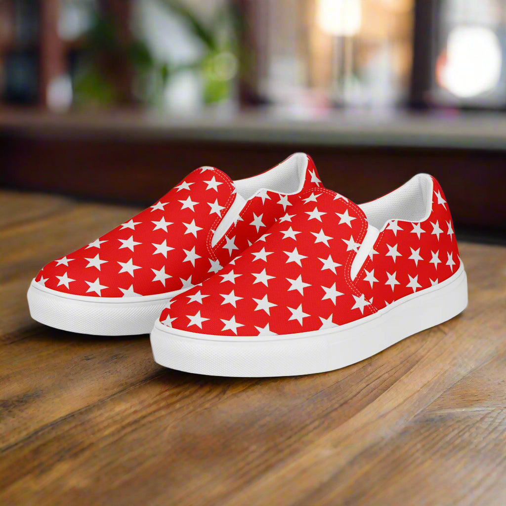 White Star Red Womens Slip On Canvas Shoes with star pattern and white rubber sole by WildSage Market