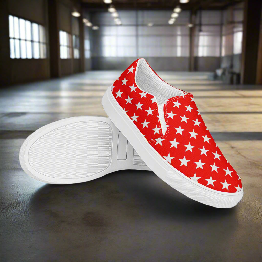 White Star Red Womens Slip On Canvas Shoes from WildSage Market featuring red canvas with white stars and white soles