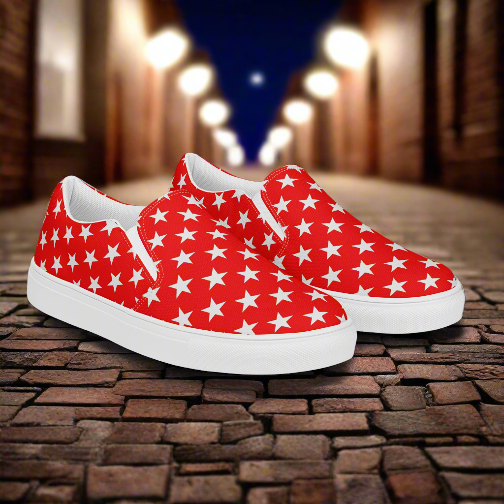 White Star Red Womens Slip On Canvas Shoes by WildSage Market with white star pattern on red background