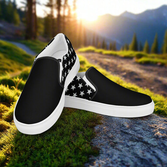 WildSage Market white star two tone slip on canvas shoes with black and white star pattern and white soles
