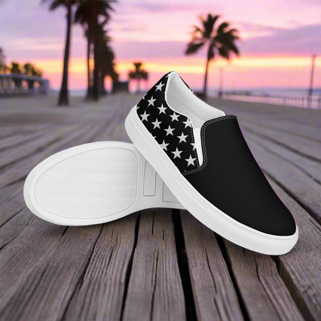 WildSage Market white star two tone slip on canvas shoes with black front and star pattern heel