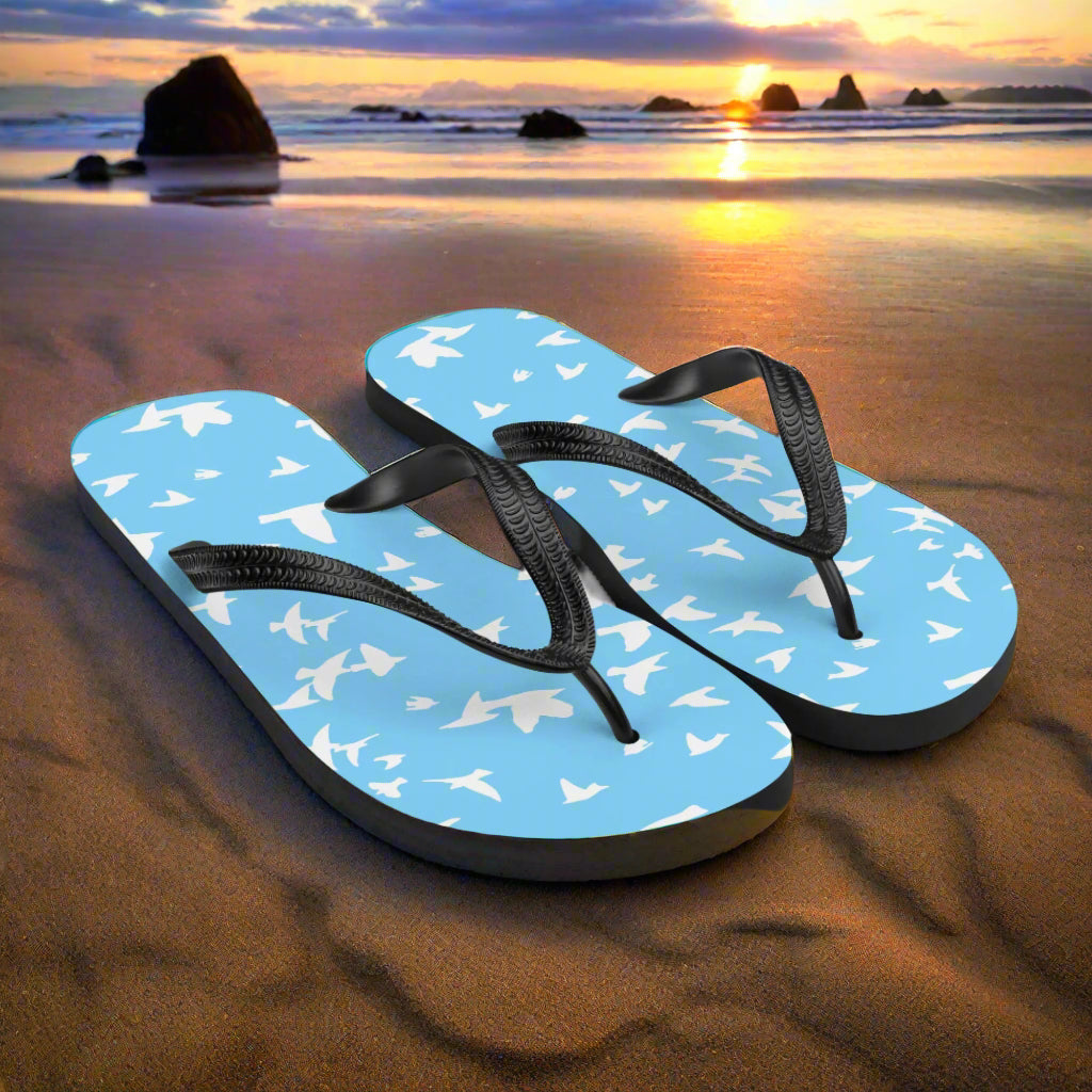 Whitebirds Blue Unisex Flip-Flops with a stylish bird pattern, perfect for summer beach outings