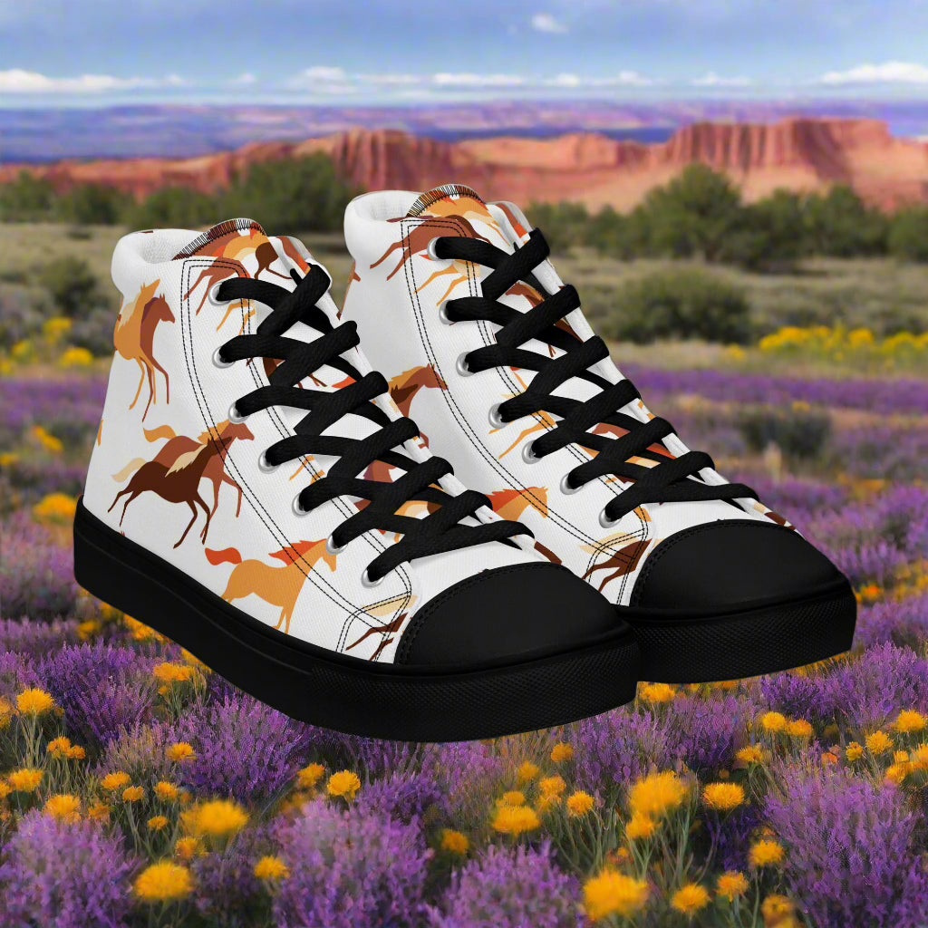 Wild Horse High Top Canvas Shoes featuring a colorful horse design on a scenic background