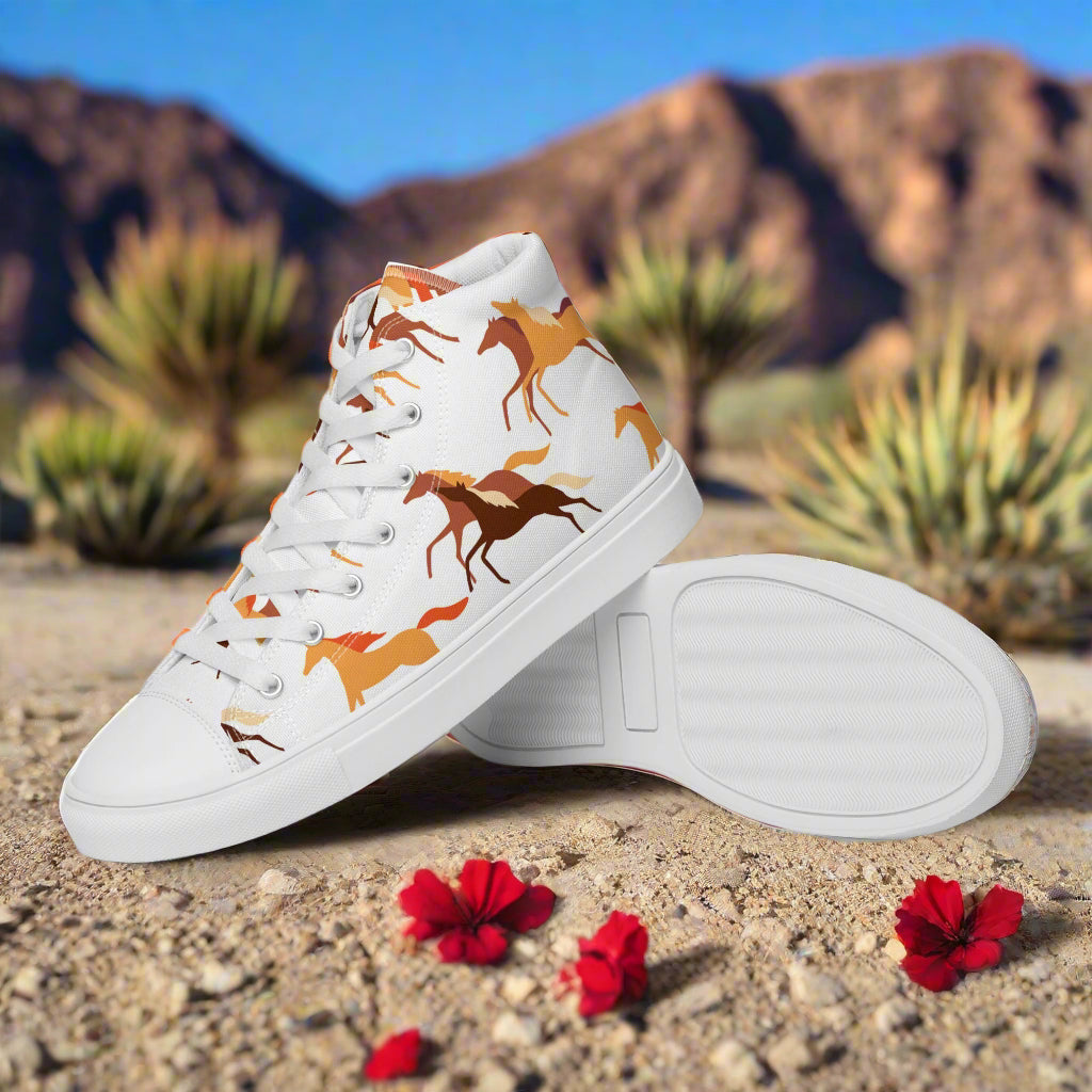 Wild Horse High Top Canvas Shoes featuring a vibrant horse design against a desert backdrop