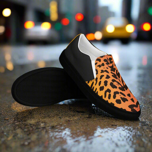 WildSage Market Cheetah Slip-on Canvas Shoes leopard print canvas slip on with black sole on wet city street