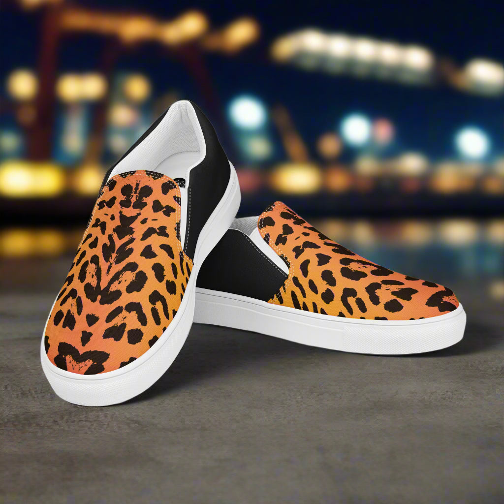 WildSage Market Cheetah Slip-on Canvas Shoes with orange cheetah print black heel panel and white sole