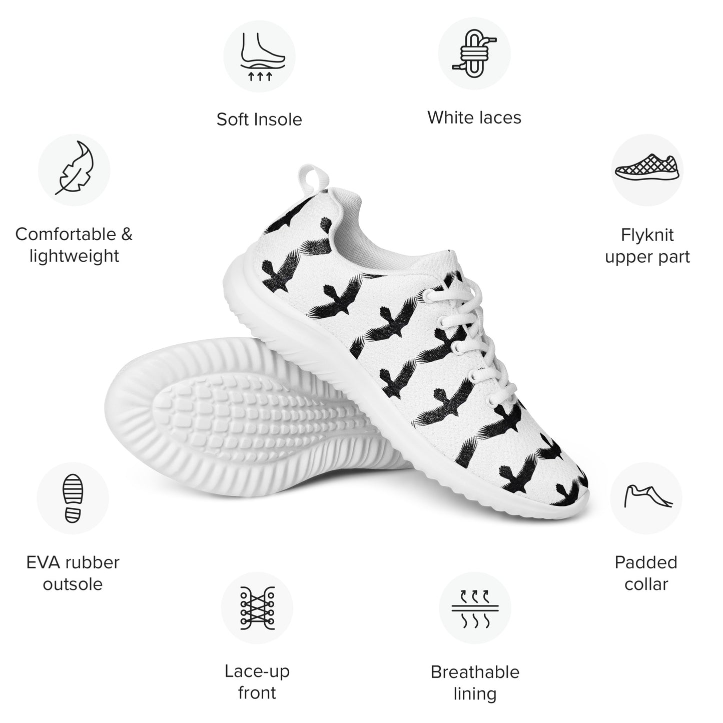 WildSage Market womens black raven pattern athletic shoes with white laces and breathable flyknit upper