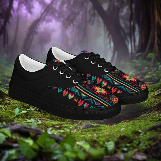 Womens Ixtlan Halftone Lace-up Canvas Shoes by WildSage Market with colorful geometric pattern and black base