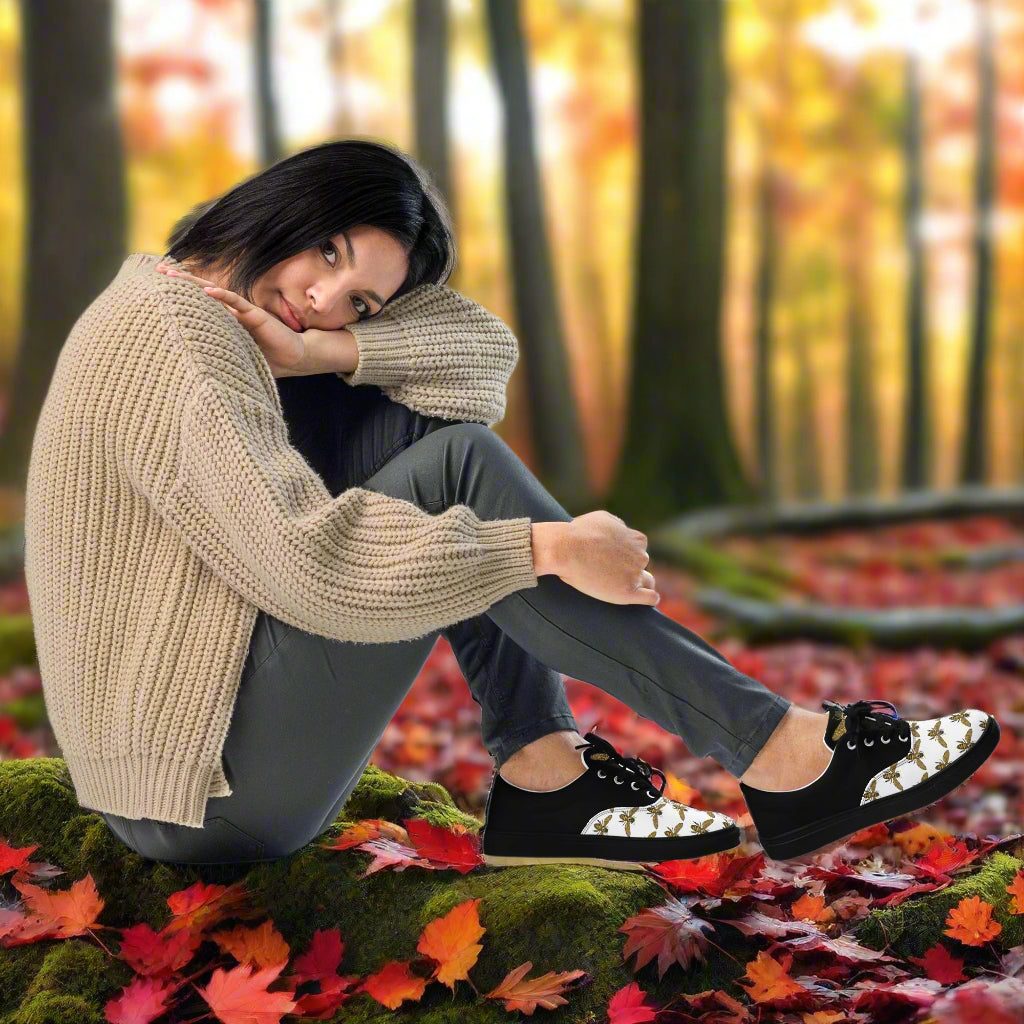 Womens lace up canvas shoes bee pattern perfect for casual autumn outfits in fall scenery.