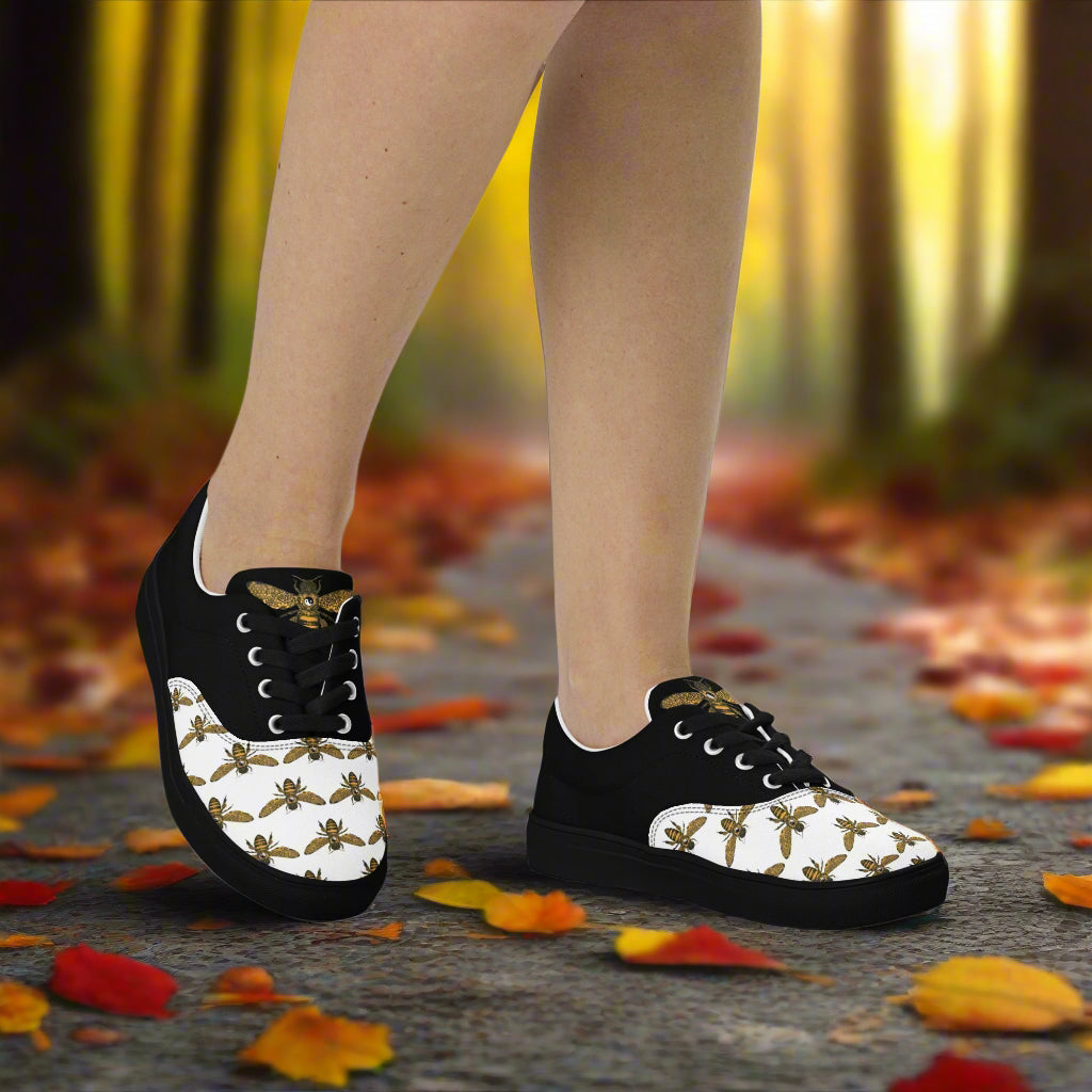 Custom Women's Two Tone Lace Up Shoes Animal Print White Canvas with Bee Pattern