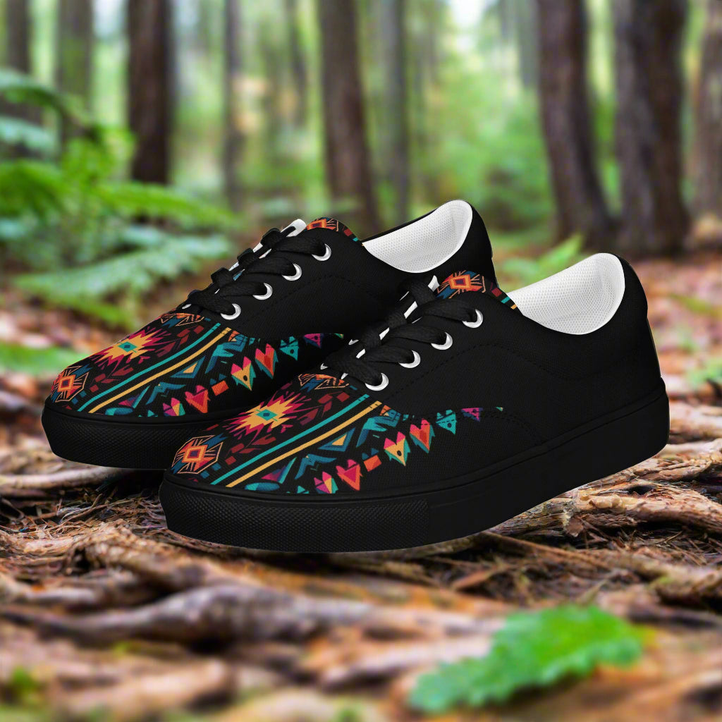 Women’s Southwest Print Custom Lace-up Canvas Shoes, Native American Geometric Pattern - Ixtlan Two Tone