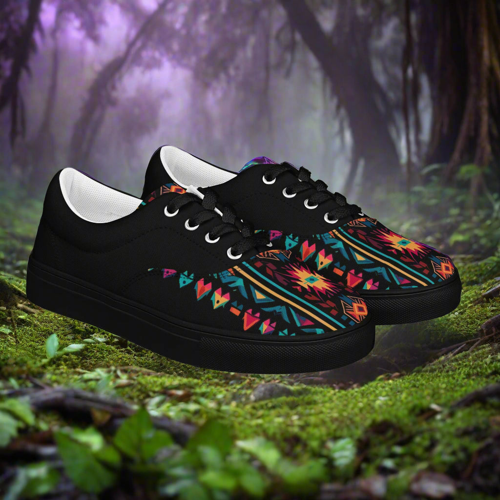 Women’s Southwest Print Custom Lace-up Canvas Shoes, Native American Geometric Pattern - Ixtlan Two Tone