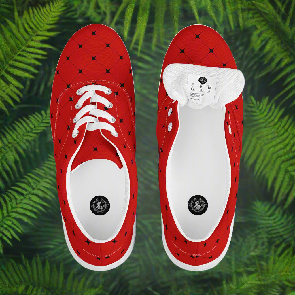 Women’s Custom Black and Red Lace-up Canvas Shoes Black Diamond Geometric Pattern