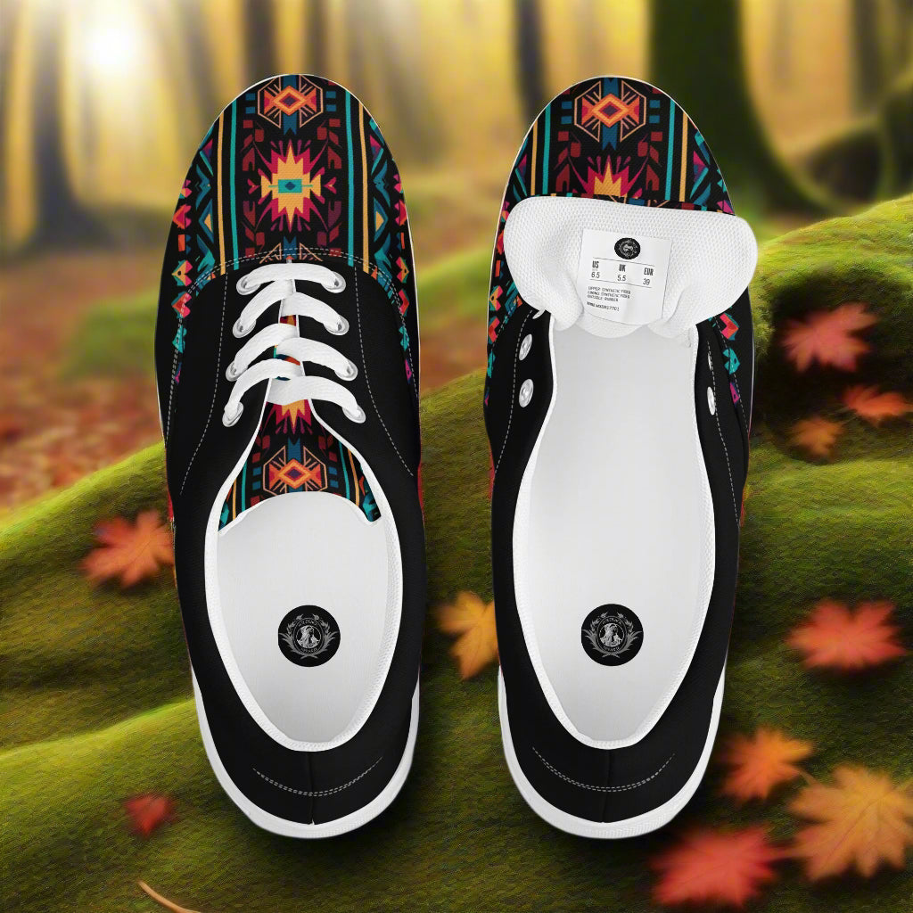 Women’s Southwest Print Custom Lace-up Canvas Shoes, Native American Geometric Pattern - Ixtlan Two Tone