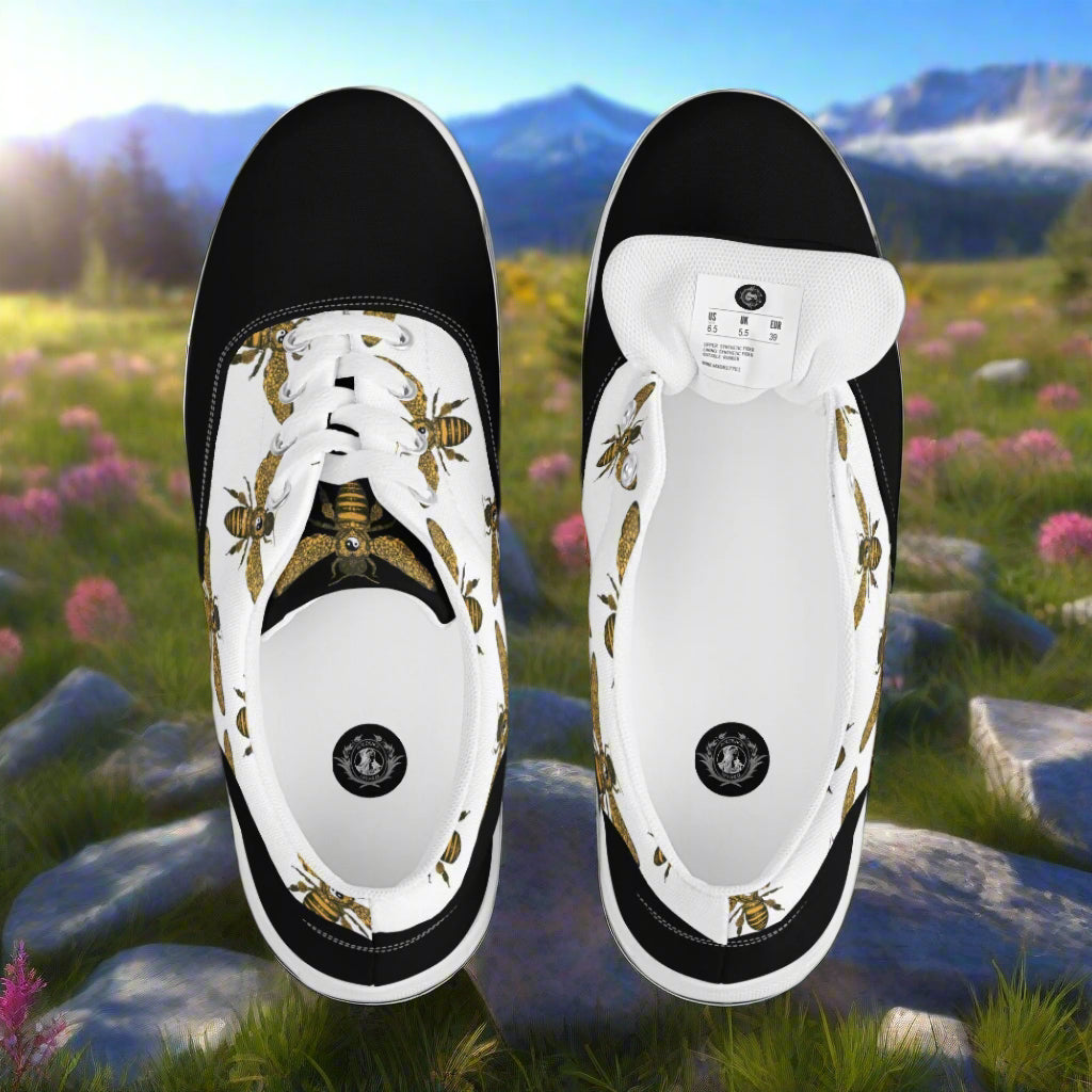 WildSage Market lace-up canvas shoes featuring bee print two tone design with black and white colors
